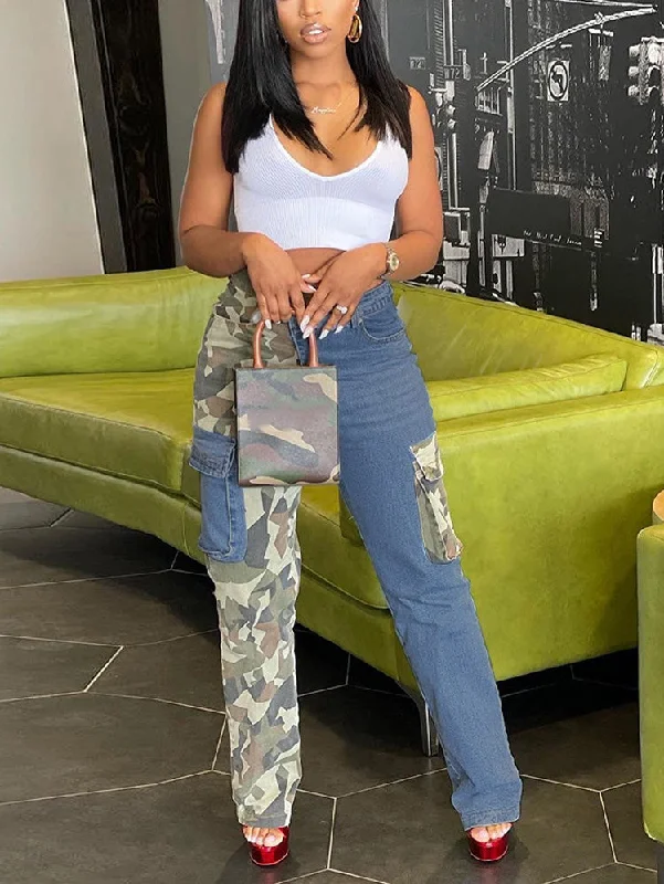 Weekend Bargains to Indulge In Camouflage Denim Patchwork Pants with Pockets