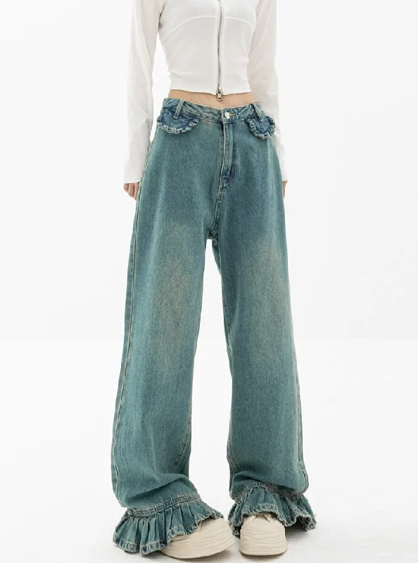 Flash Deal Straight Fit Ruffled Hem Jeans