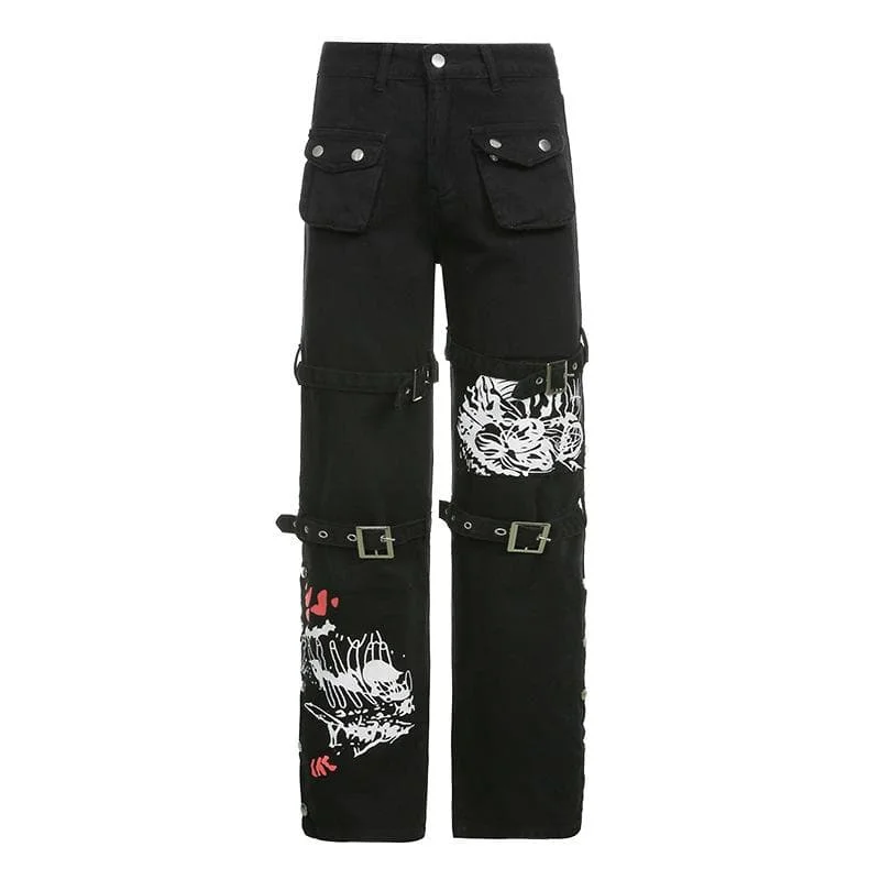 Exclusive Offer Button contrast abstract pattern cargo pocket high rise jeans