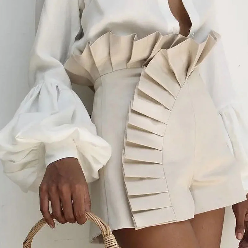 Value Pack CityHottie - Women's Bottom Ruffle Hem Shorts Pleated High Waist Solid 2024 New Fashion Pant Elegant Summer Casual Female Clothing Outfits