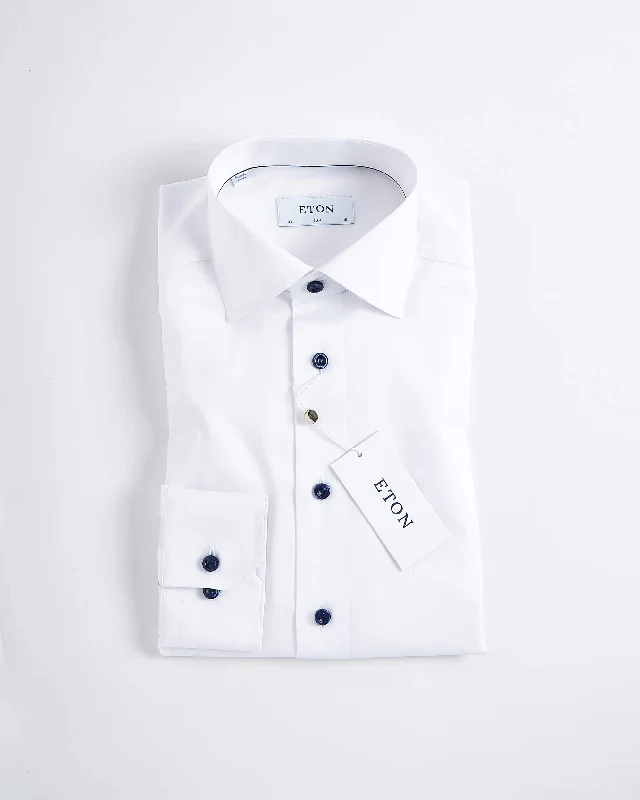 Massive Deals Signature White Twill Slim Shirt With Navy Buttons