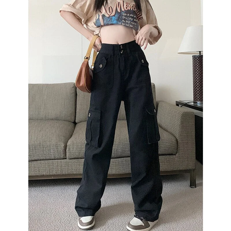 Weekend Offers That Shine CityHottie - Cargo Pants for Women 2024 New High Waisted Pockets Korean Baggy Wide Leg Pants Streetwear Casual Full Length Pants