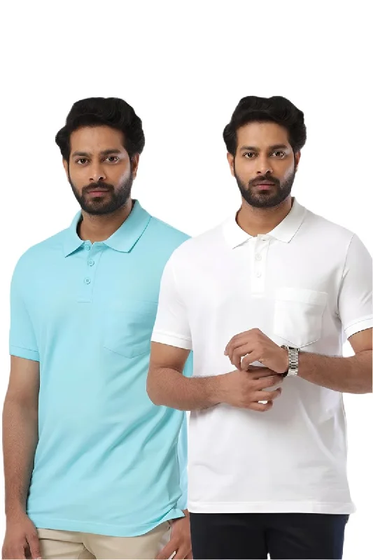 Price Slash Golf Polo - Turquoise Blue and White T-Shirts Pack Of 2 Combo For Men | Ariser