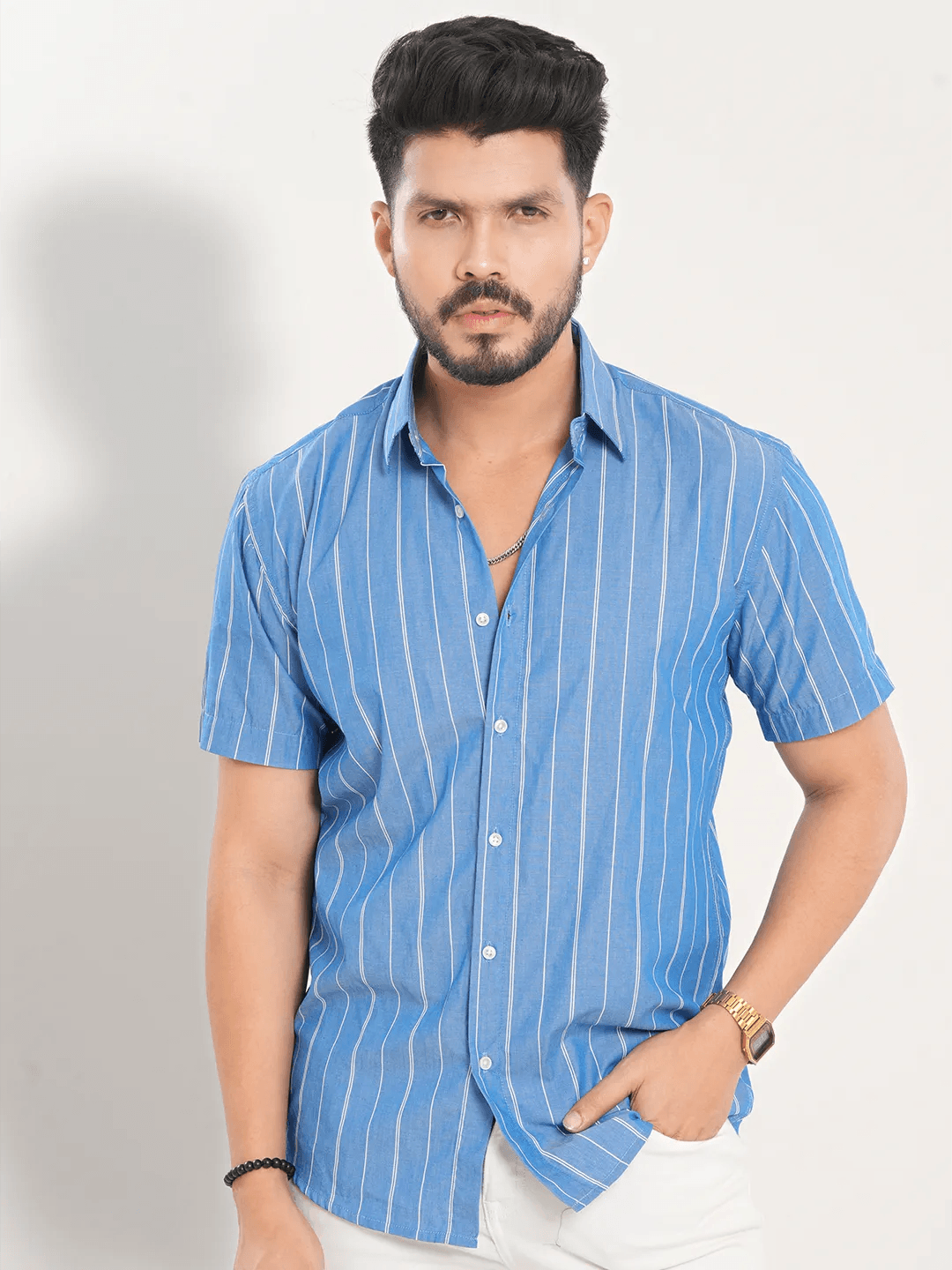 One-Day Only Men's Short Sleeve Casual Shirt in Cobalt Blue Stripe