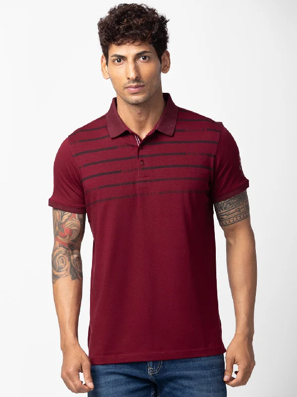 Great Deal Spykar Men Wine Cotton Regular Fit Half Sleeve Printed Polo T-Shirt