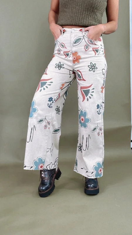 Steal Deal Happier Days Floral Printed Wide Leg Pants