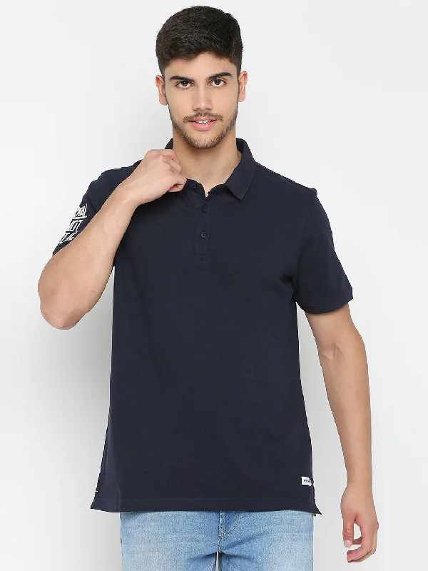 Special Discount Spykar Ink Blue Cotton Half Sleeve Plain Polo T-Shirt For Men