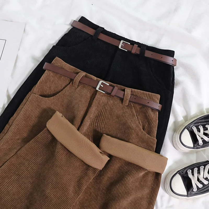 Weekend Offers That Please CityHottie - High Waist Wide Leg Corduroy Long Pants with Belt