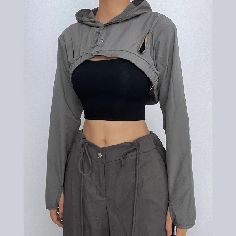 Weekend Deals That Wow Hollow out button hoodie long sleeve cargo solid shrug crop top - Final Sale