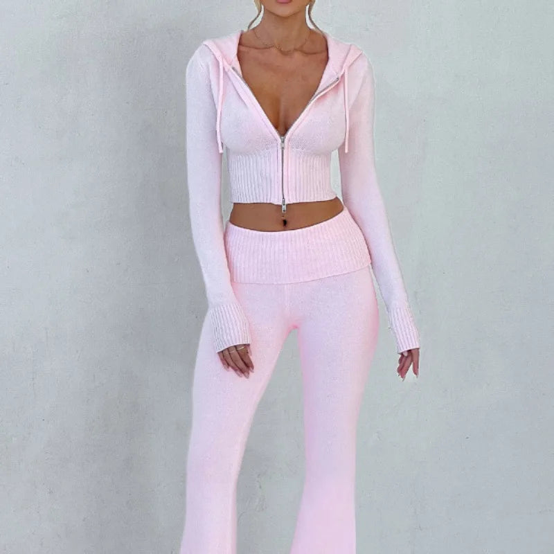 Weekend Bargains Galore 2024 Autumn Knitted Hooded Zipper Jackets 2 Piece Pant Set Outfits Women Coats Hoodie Tracksuit Sexy Elegant Pink Two Piece Sets
