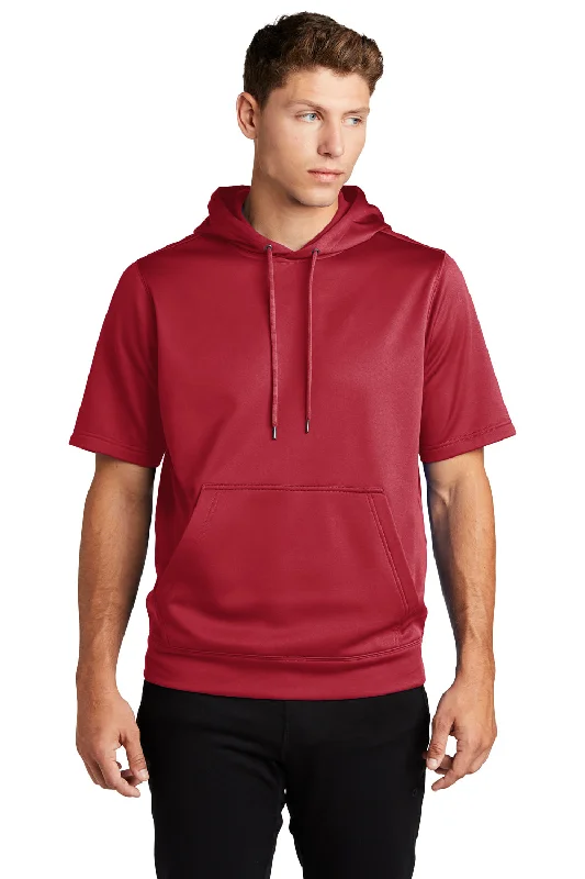 Weekend Special Sport-Tek Mens Moisture Wicking Fleece Short Sleeve Hooded Sweatshirt Hoodie w/ Pouch Pocket - Deep Red