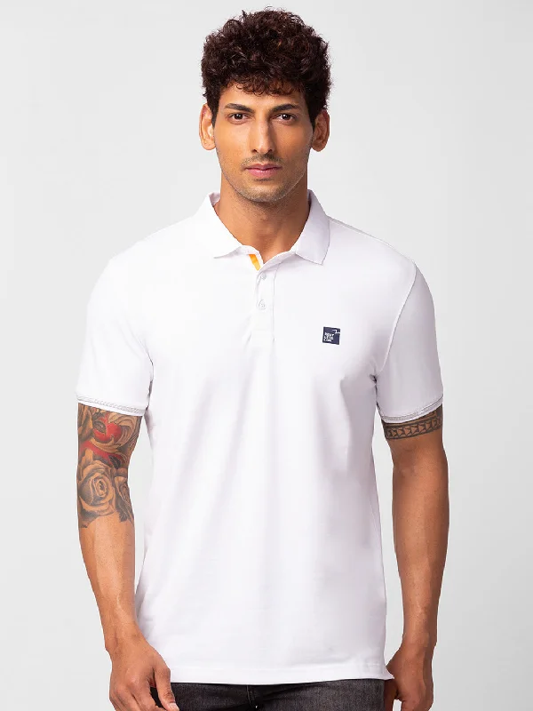 Take Action Spykar Men White Cotton Regular Fit Half Sleeve Plain Polo T-Shirt