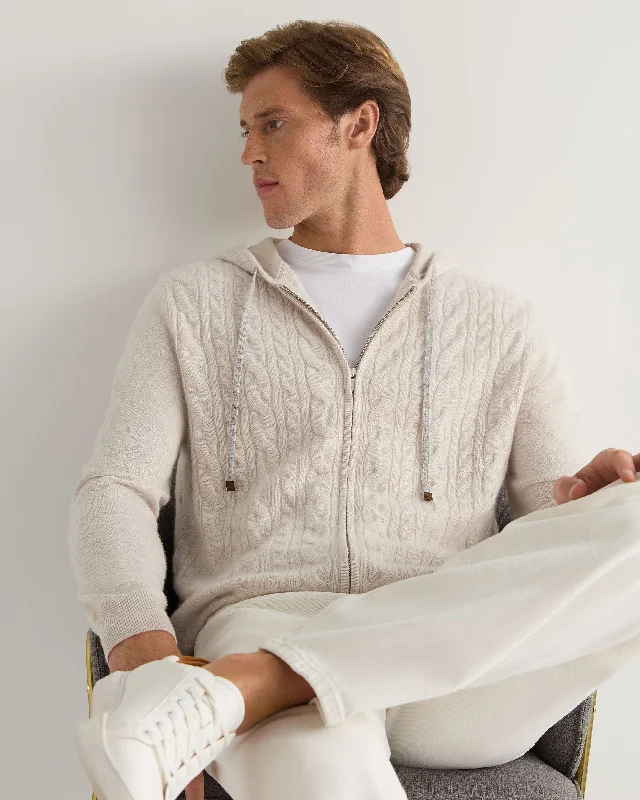 Weekend Deals That Sizzle Men's Fulham Cable Zip Cashmere Hoodie Frost White