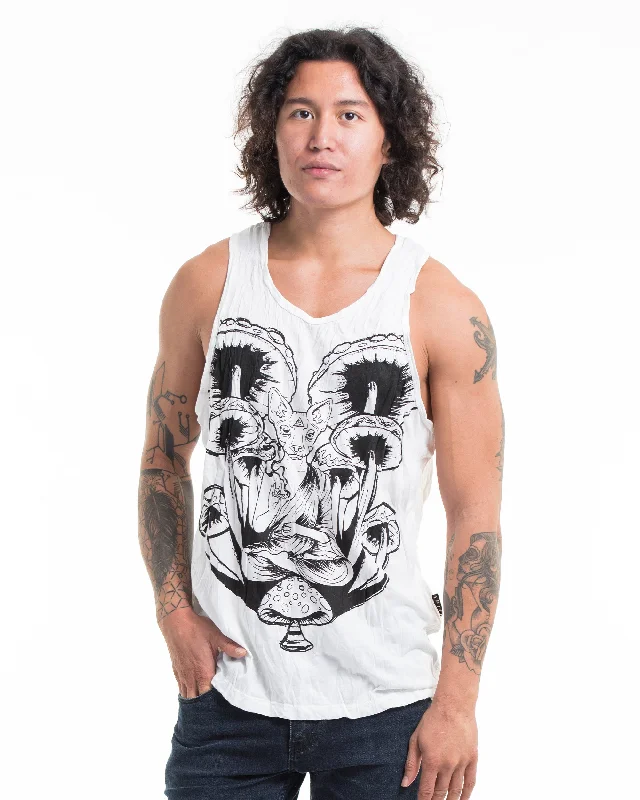 Price Slash Mens Spiritual Shroom Cat Tank Top in White