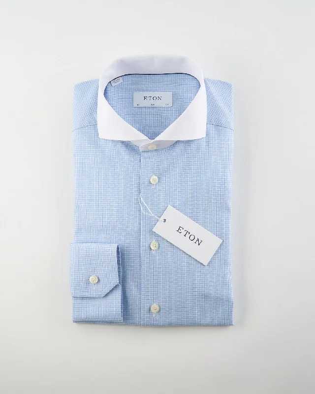 Stock Clearance Micro Check Slim Shirt With White Collar