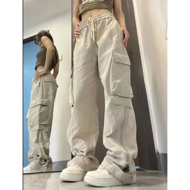 Weekend Deals That Please CityHottie - American Y2K White Vintage Cargo Jeans Fashion Pocket High Waist Straight Pants High Street Baggy Wide Leg Denim Trouser Ladies