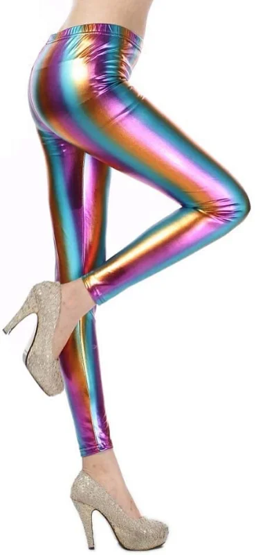 Super Savings Metallic Leggings Stretchy Pants Neon Fluro Shiny Glossy Dress Up Dance Party - Rainbow