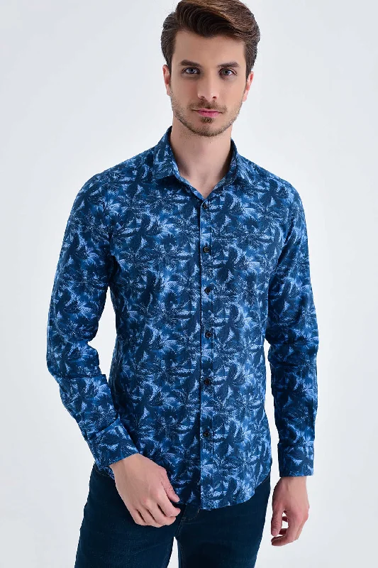 Exclusive Savings Slim Fit Palm Tree Printed Cotton Navy Casual Shirt