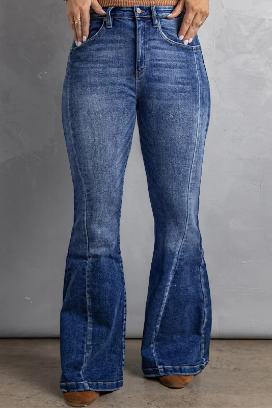 Special Discount Dark Blue Plus Size Stitching Washed Flare Jeans