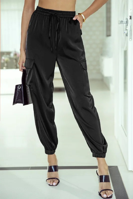 Reduced Price Black Satin Pocketed Drawstring Elastic Waist Pants