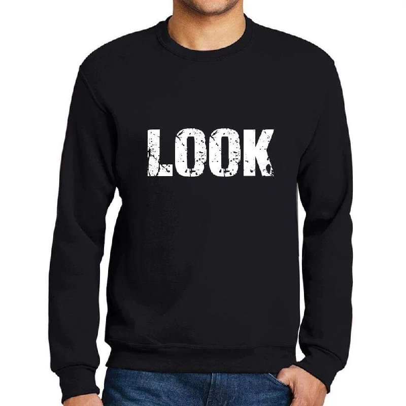 Limited Time Discount Men's Printed Graphic Sweatshirt Popular Words LOOK Deep Black