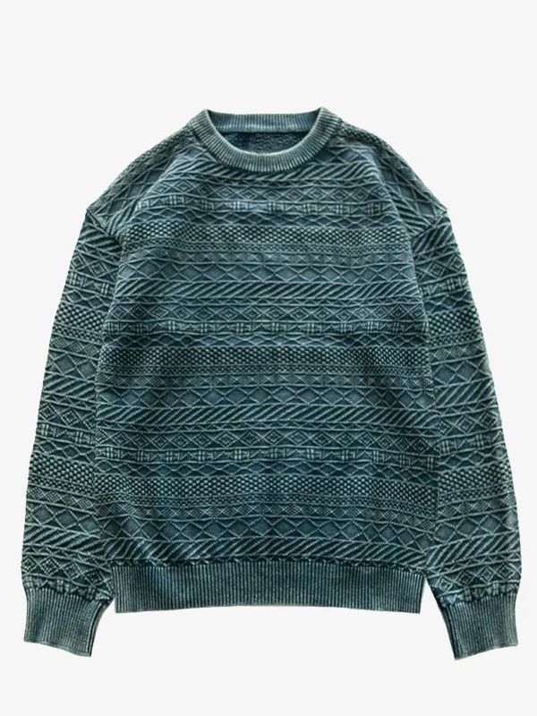 Price Reduction Retro Ethnic-Style Indigo-Dyed Crew-Neck Sweater