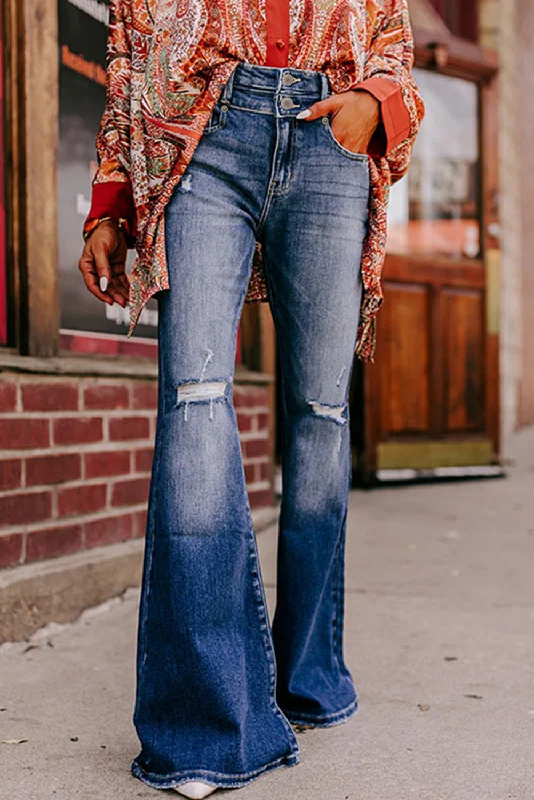 Instant Deal Sky Blue Button Fly Ripped High Waist Flare Jeans