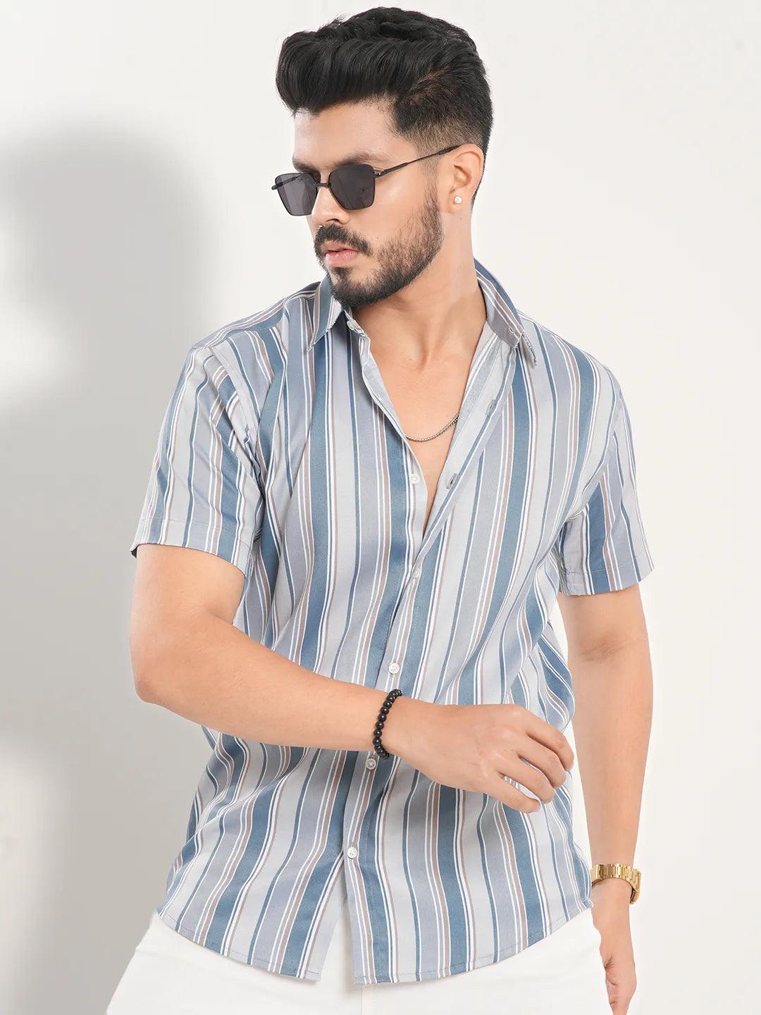 Now Available Men's Short Sleeve Casual Shirt in Ash with Air force Blue Stripe