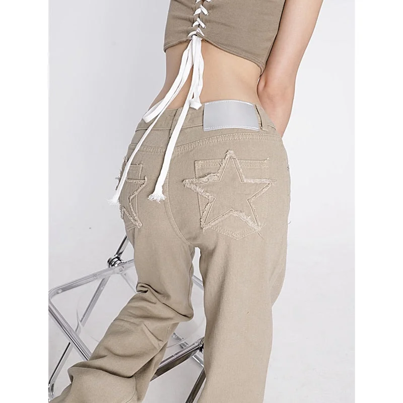 Weekend Deals That Dazzle CityHottie - Women's Khaki Wide Leg Jeans Star Pocket Vintage Straight Pants High Waist Baggy Streetwear Casual Brown Denim Trouser Ladies