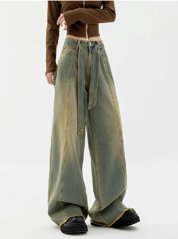 Weekend Deals to Make You Smile Faded Wide Leg Distressed Hem Belted Jeans