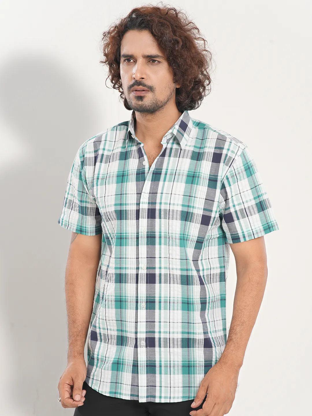 New Arrival Men's Short Sleeve Casual Shirt in Mint Green Check