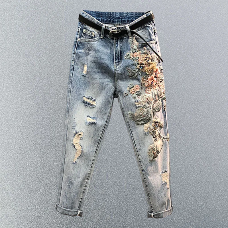 Weekend Specials to Grab CityHottie - Embroidered High Waist Jeans Women's Summer Heavy Industry Beads Loose Slimming Holes Harem Pants Cropped Baggy Denim Pants