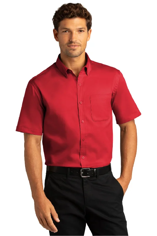 Savings Event Port Authority Mens SuperPro Wrinkle Resistant React Short Sleeve Button Down Shirt w/ Pocket - Rich Red