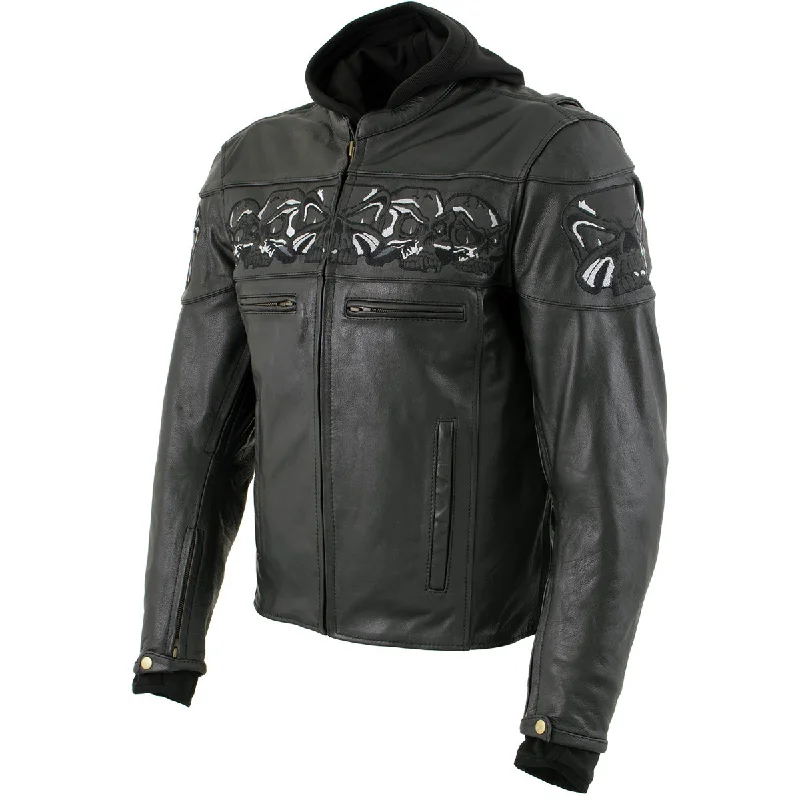 Limited Supply Xelement XS1504 Men's ‘Futile’ Black Leather CE Armored Motorcycle Hooded Jacket with Reflective Skulls