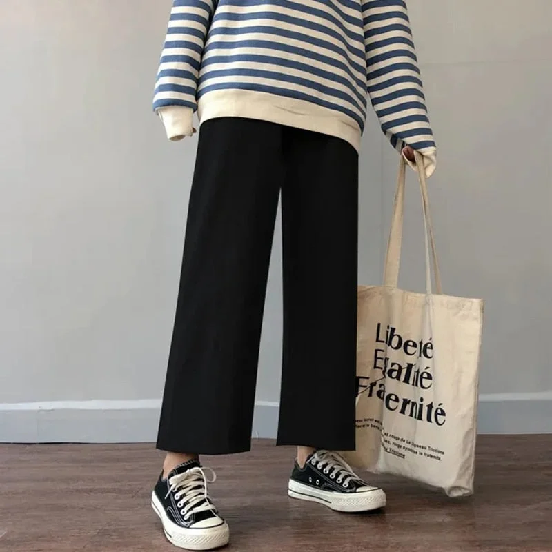Weekend Discounts to Indulge In CityHottie - Cusual Pants Women Spring Summer Ankle-length Loose Wide Leg Elastic High Waist Oversize Black Simple Comfortable Elegant Ladies