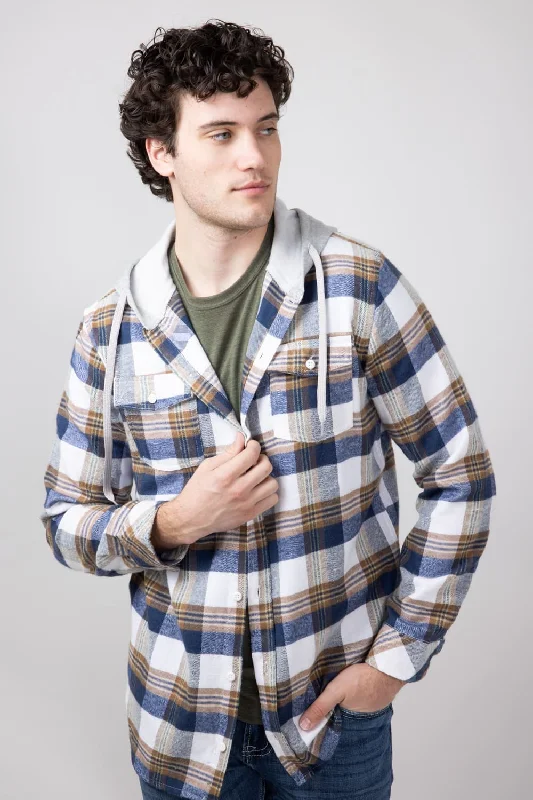 Special Discount Hooded Plaid Flannel Shirt for Men in Ecru | TQ8299GL-ECRU