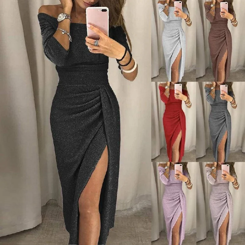 Low Cost Women Off Shoulder High Slit Bodycon Dress Long Sleeve Dresses