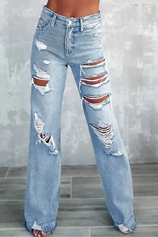 Weekend Deals That Please Sky Blue Vintage Distressed Ripped Wide Leg Jeans