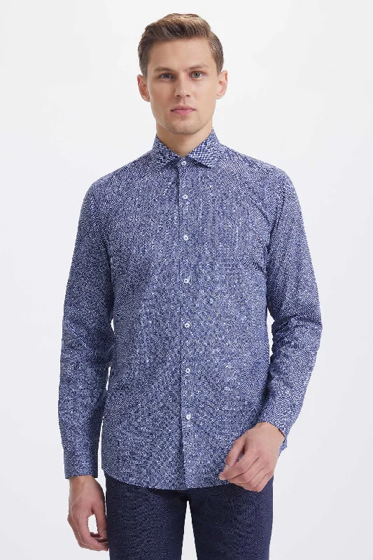 Buy Now Slim Fit Cotton Diagonal Grid Navy Casual Shirt