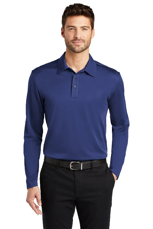Markdown Sale Port Authority Mens Silk Touch Performance Moisture Wicking Long Sleeve Polo Shirt - Royal Blue