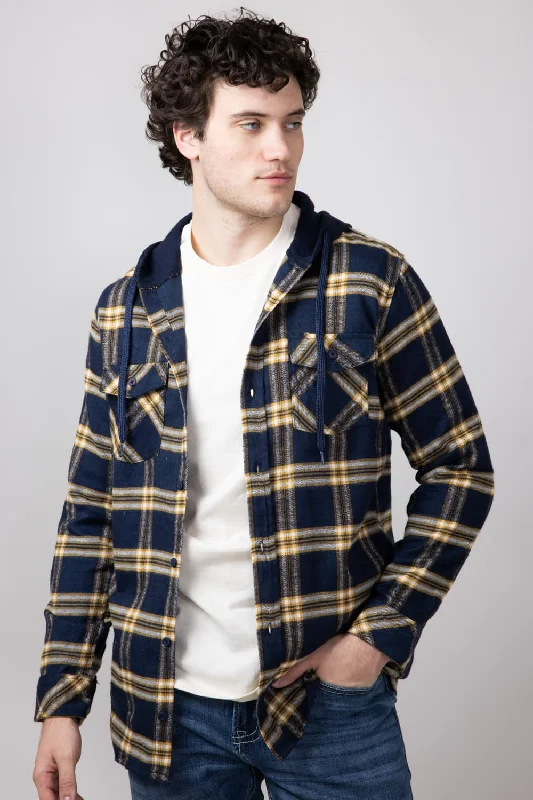 Price Cut Hooded Plaid Flannel Shirt for Men in Navy | TQ8299GL-NAVY