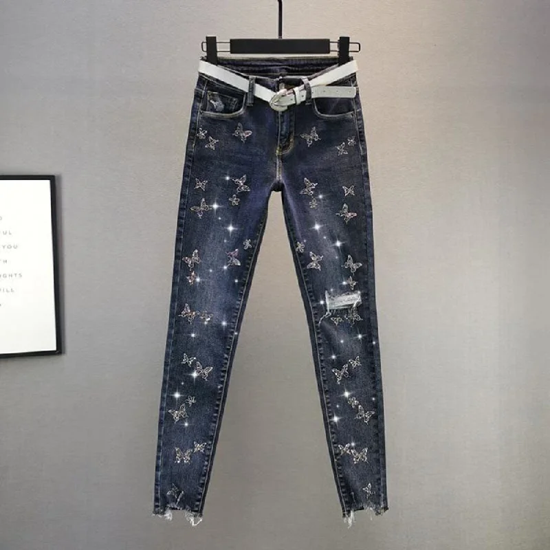 Steals and Deals CityHottie - Hot Sales High Waist Jeans Women Beading Butterfly Fashion Ripped Jeans Casual Plus size Stretch Jeans Female Washed Denim Pencil Pants