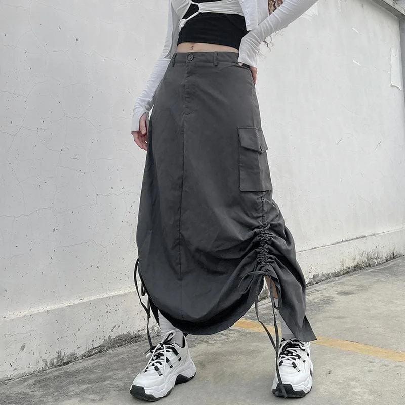 Weekend Sale: Don't Miss Out Solid ruched drawstring cargo pocket slit maxi skirt