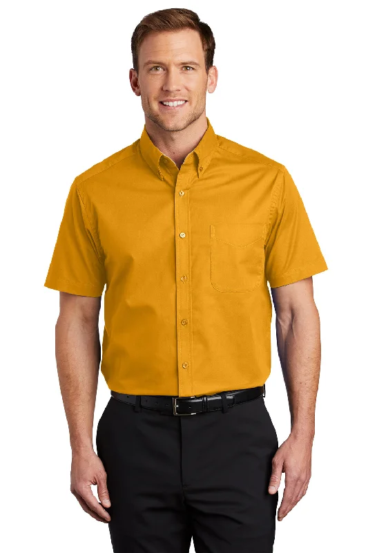 Value Pack Port Authority Mens Easy Care Wrinkle Resistant Short Sleeve Button Down Shirt w/ Pocket - Athletic Gold - Closeout