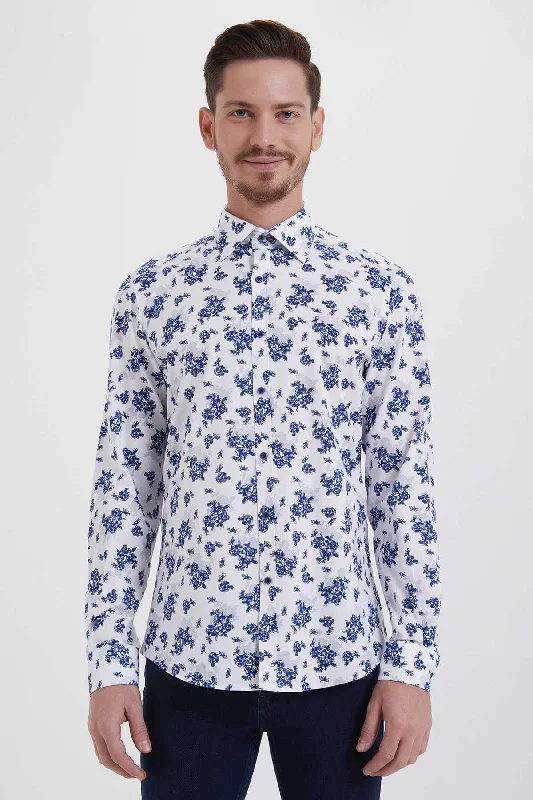 Weekend Offers That Sizzle Slim Fit Long Sleeve Printed Cotton White Casual Shirt