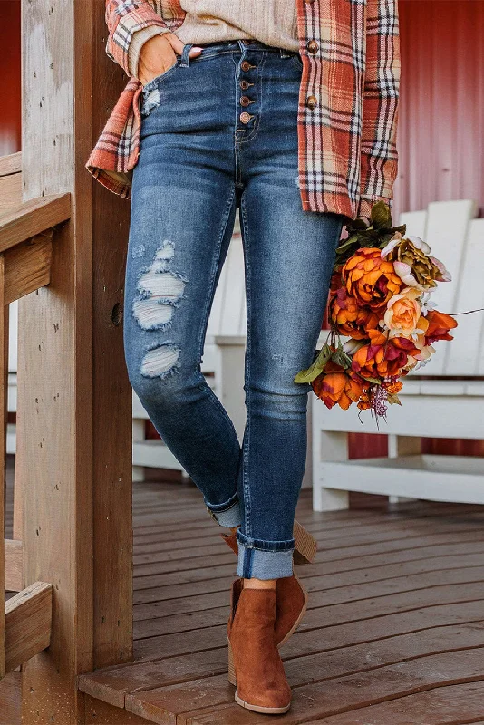 Weekend Bargains Just for You Blue Distressed Button Fly High Waist Skinny Jeans