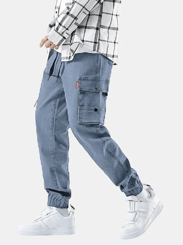 Super Discount Mens Cotton Cargo Style Drawstring Elastic Ankle Denim Pants with Multi Pockets