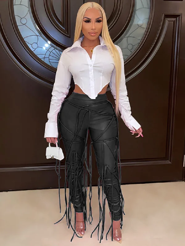 Weekend Discounts to Grab PU Strap High Waist Skinny Pants