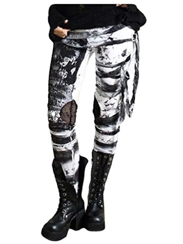 Hot Buy CityHottie - Women's cool ultra gathered pants Halloween gothic rocker distressed punk tie leggings gray black red s m l xl xxl