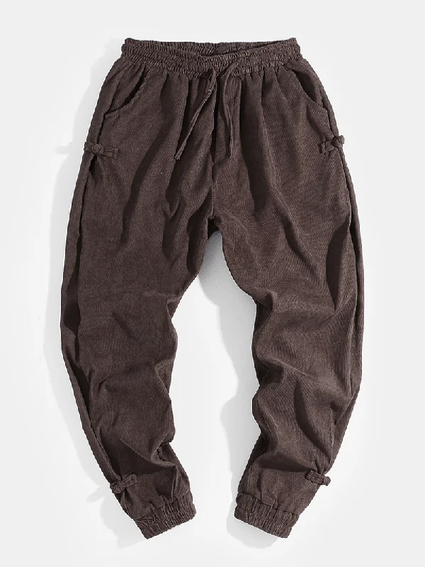 Weekend Discounts to Savor Mens Corduroy Chinese Frog Drawstring Jogger Pants with Pocket
